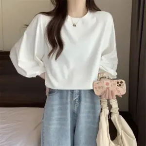 Women Tee Three Quarter Lantern Sleevet Shirt Shirts Pullover Tops O Neck Solid Loose Slight Strech Autumn Basics Casual