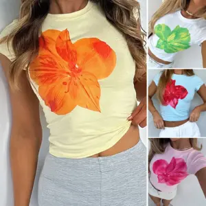 T Shirt Women Summer Crop Top Flower Print Sexy Tees Slim Fit Short Sleeves Round Collar 2025 Female Streetwear Casual Tops
