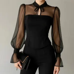 Top Women T Shirt Puff Sleeve Sexy Hollow Out Lace Up Stand Collar Mesh Patchwork Tops Office Lady 2026 Spring Autumn Blouse
